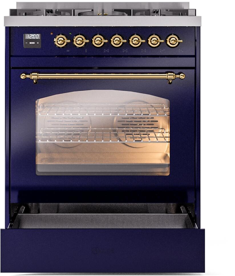 Ilve UP30NMPMBG Nostalgie Ii 30 Inch Dual Fuel Natural Gas Freestanding Range In Blue With Brass Trim