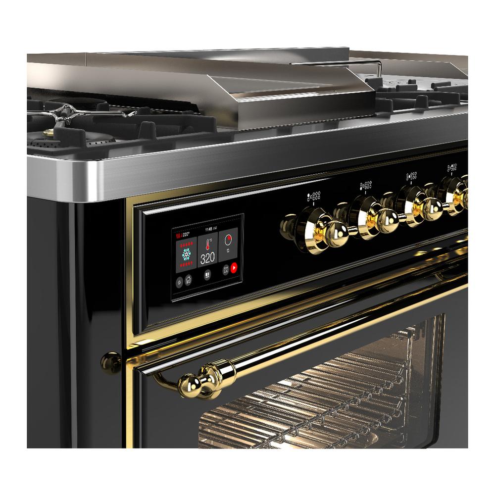 Ilve UM60FSNR3BKGLP Ilve Um60Fsnr3Bkglp Majestic Iii 60 Inch Dual Fuel Range With 7 Burners, Griddle And French Top, Dual Function Burner With Up To 25,000 Btu (Liquid Propane, Triple Glass Door, Glossy Black, Brass)