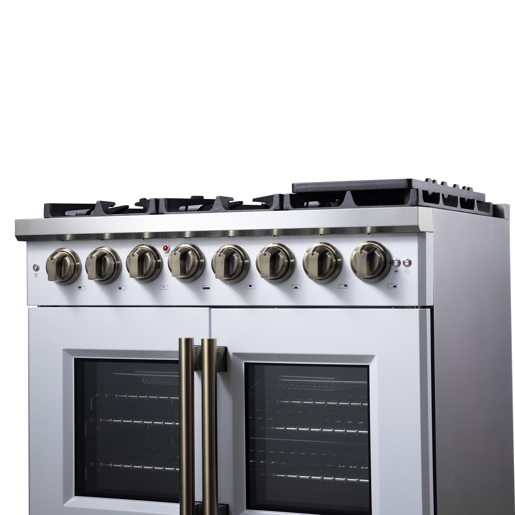 Forno FFSGS638736WHT Forno Capriasca 36 Inch Freestanding French Door Dual Fuel Range In White With Antique Brass Accessories, 6 Burners, True Convection Oven