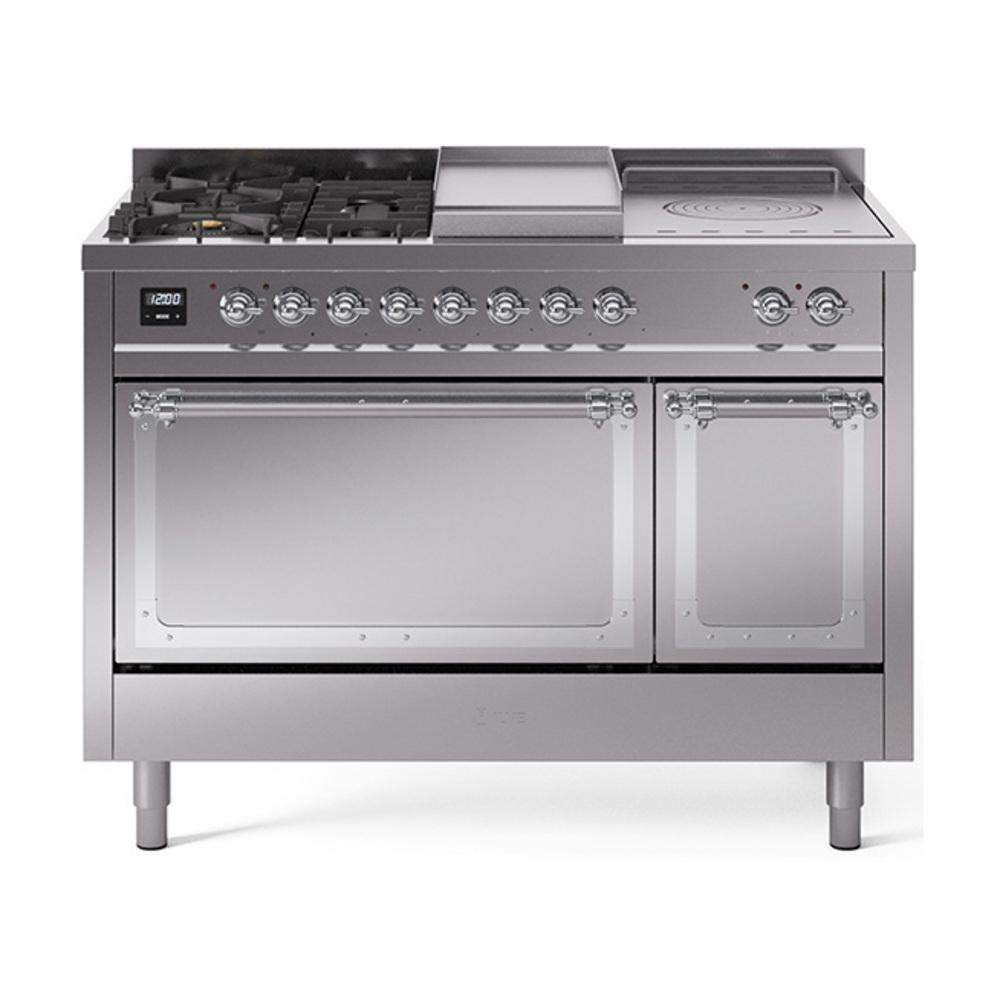 Ilve UN48FSQNMPSSCLP Ilve Un48Fsqnmpssclp Nostalgie Ii Noblesse 48" Dual Fuel Range (5 Sealed Burners + Griddle + French Top, Liquid Propane, Solid Door, Stainless Steel, Chrome)