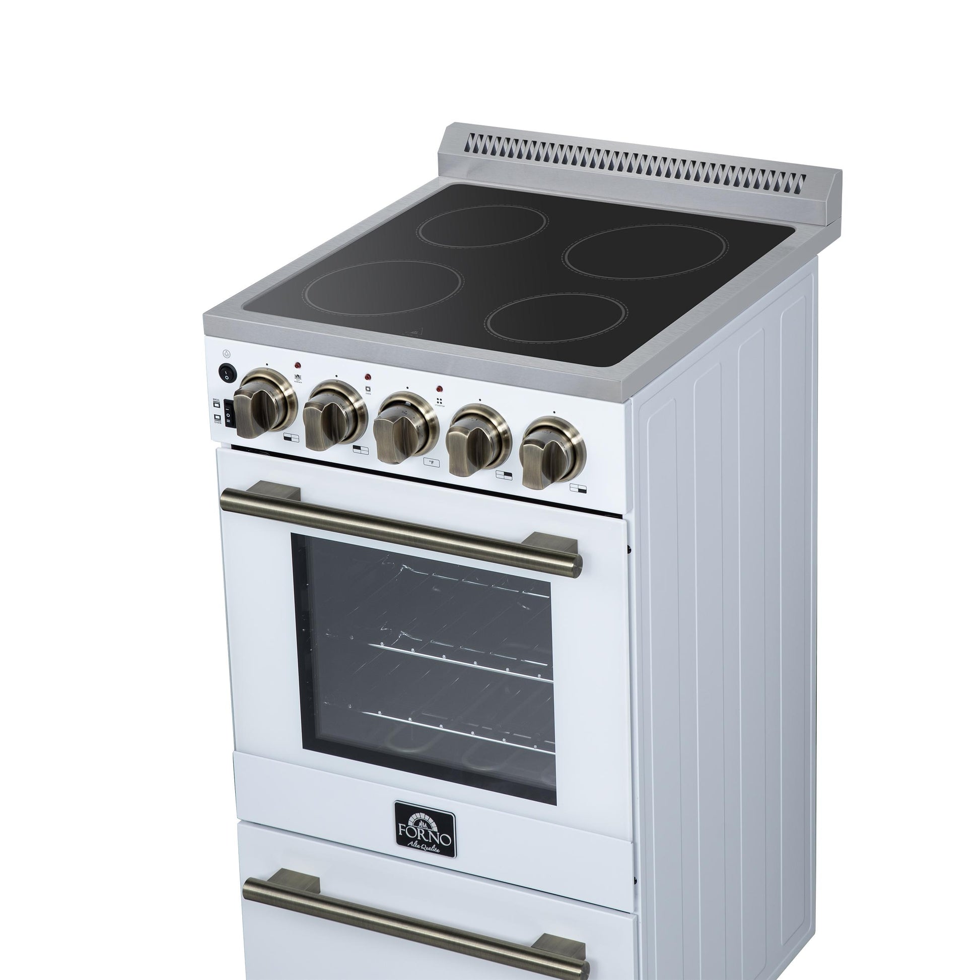 Forno FFSEL605220WHT Forno Pallerano 20 Inch Freestanding Electric Range In White With Antique Brass, Compact Design