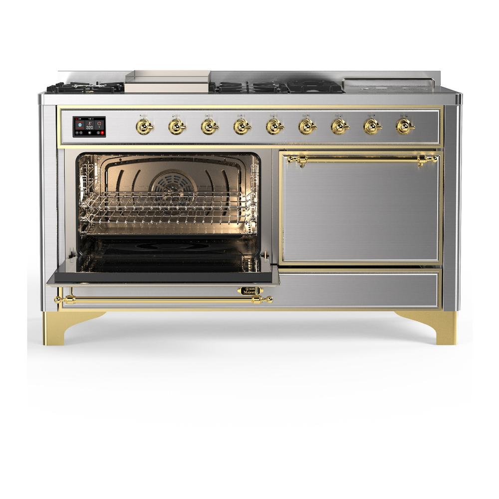 Ilve UM60FSQNR3SSG Ilve Um60Fsqnr3Ssg Majestic Iii 60 Inch Dual Fuel Range With 7 Burners, Griddle And French Top, Dual Function Burner With Up To 25,000 Btu (Natural Gas, Solid Door, Stainless Steel, Brass)