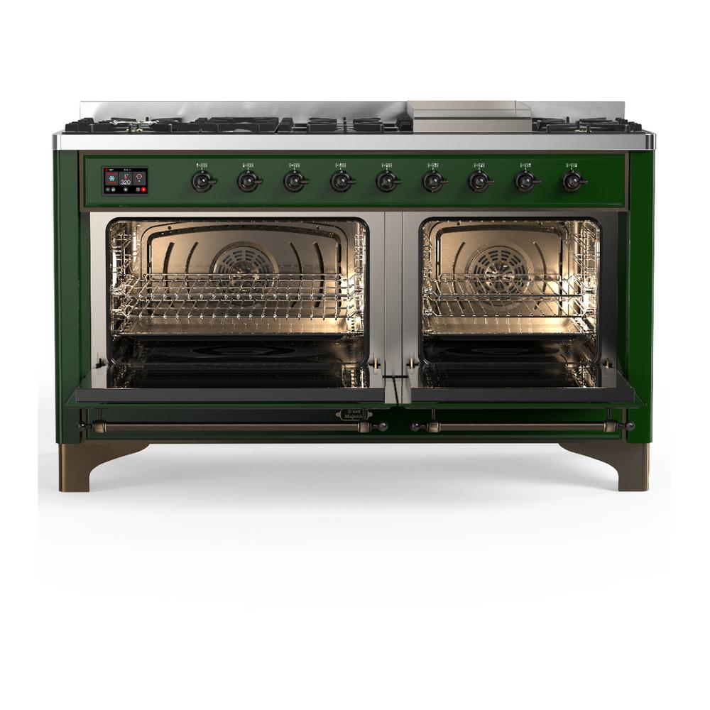 Ilve UM60FQNR3EGB Ilve Um60Fqnr3Egb Majestic Iii 60 Inch Dual Fuel Range With 9 Burners And Griddle, Dual Function Burner Up To 25,000 Btu (Natural Gas, Solid Door, Emerald Green, Burnished)