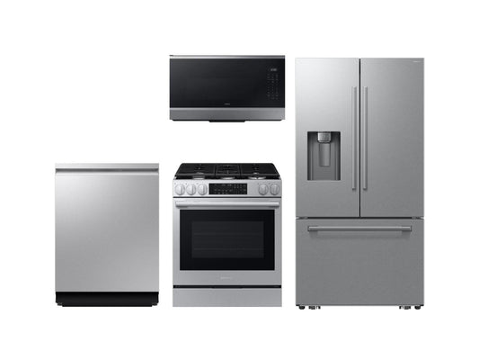 Samsung F1772135462729 Bespoke Kitchen Package With Ai 3-Door French Door Fridge, Slide-In Gas Range, Smart Dishwasher & Over-The-Range Microwave In Stainless Steel