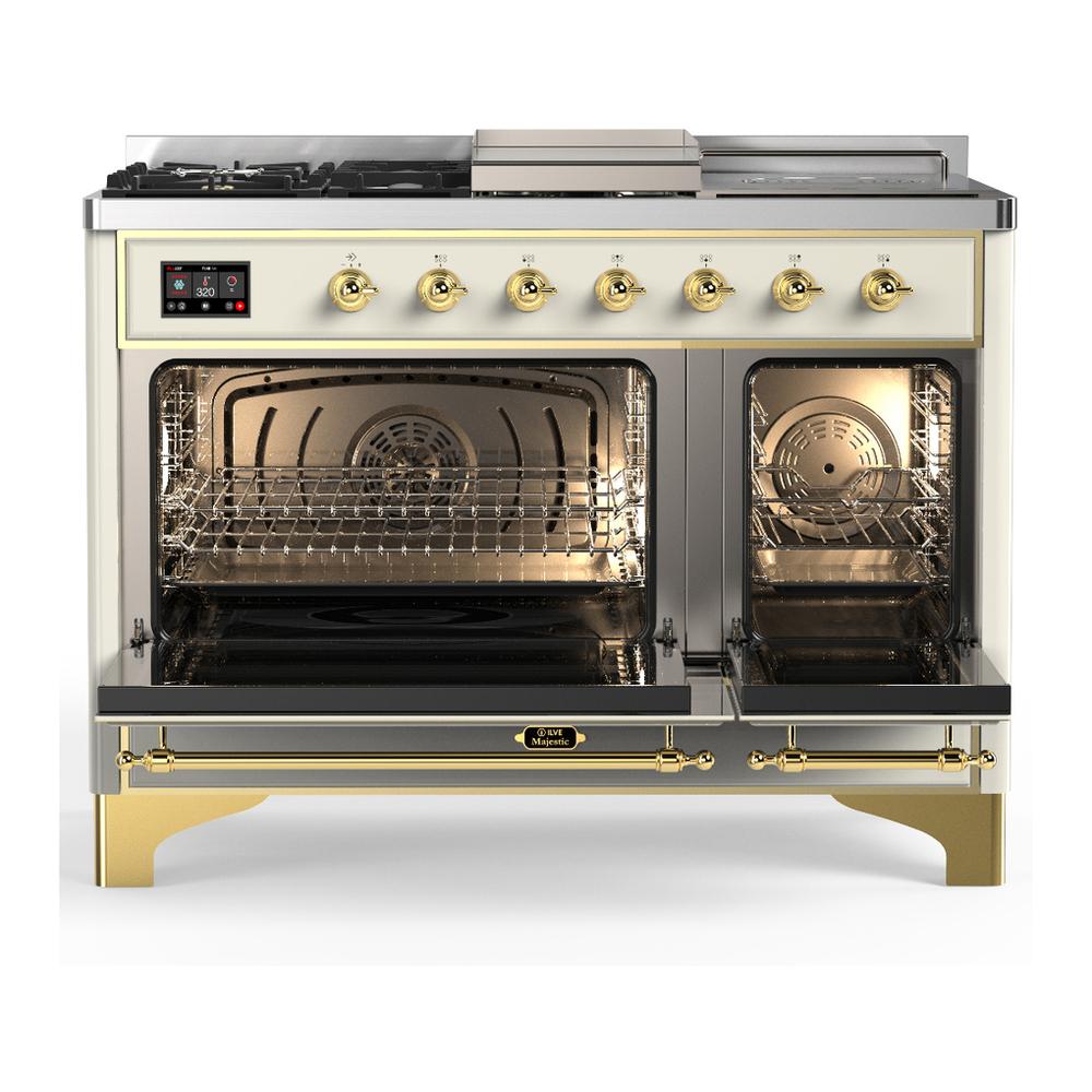 Ilve UM48FSQNR3AWGLP Ilve Um48Fsqnr3Awglp Majestic Iii 48 Inch Dual Fuel Range With 5 Black Brass Burners, Griddle And French Top, Dual Function Burner Up To 25,000 Btu (Liquid Propane, Solid Door, Antique White, Brass)