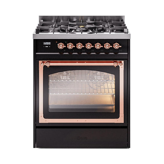 Ilve UN30NMPBKP Ilve Un30Nmpbkp Nostalgie Ii Noblesse 30" Dual Fuel Range (Natural Gas, Triple Glass Door, Glossy Black, Copper)