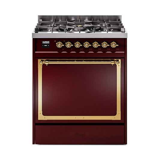 Ilve UN30QNMPBUGLP Ilve Un30Qnmpbuglp Nostalgie Ii Noblesse 30" Dual Fuel Range (Liquid Propane, Solid Door, Burgundy, Brass)