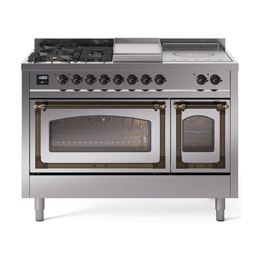 Ilve UN48FSNMPSSBLP Ilve Un48Fsnmpssblp Nostalgie Ii Noblesse 48" Dual Fuel Range (5 Sealed Burners + Griddle + French Top, Liquid Propane, Triple Glass Door, Stainless Steel, Burnished)
