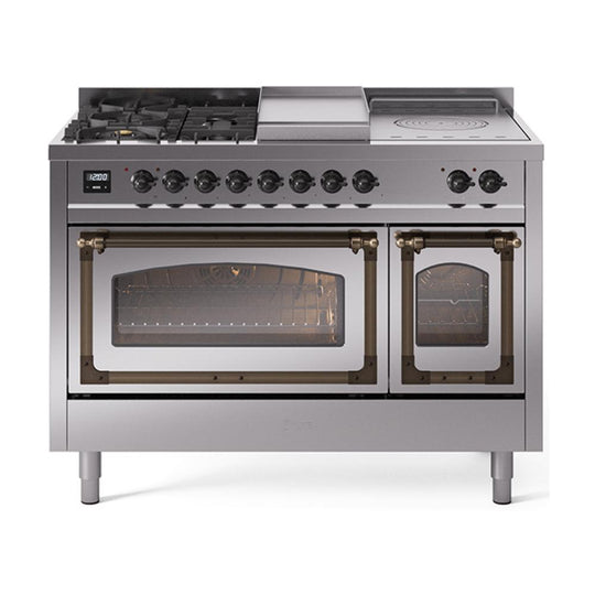 Ilve UN48FSNMPSSBLP Ilve Un48Fsnmpssblp Nostalgie Ii Noblesse 48" Dual Fuel Range (5 Sealed Burners + Griddle + French Top, Liquid Propane, Triple Glass Door, Stainless Steel, Burnished)