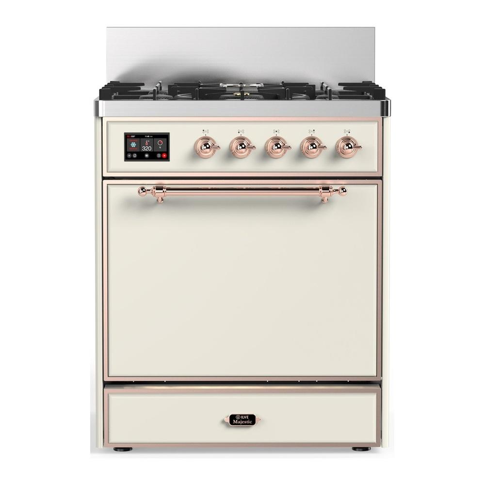 Ilve UM30QNR3AWPLP Ilve Um30Qnr3Awplp Majestic Iii 30 Inch Dual Fuel Range With 5 Black Brass Burners, Dual Function Burner Up To 25,000 Btu (Liquid Propane, Solid Door, Antique White, Copper)