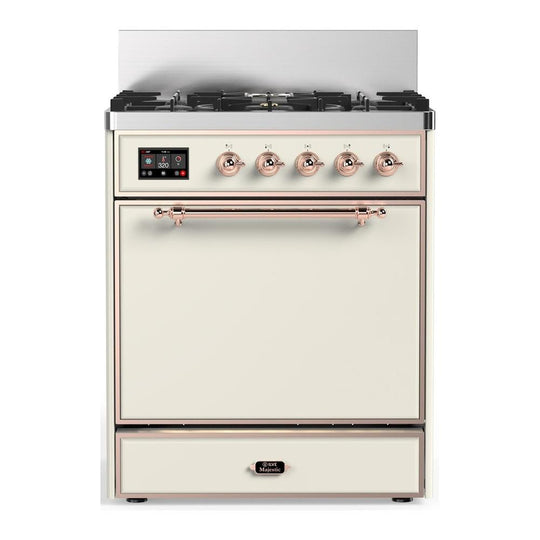 Ilve UM30QNR3AWPLP Ilve Um30Qnr3Awplp Majestic Iii 30 Inch Dual Fuel Range With 5 Black Brass Burners, Dual Function Burner Up To 25,000 Btu (Liquid Propane, Solid Door, Antique White, Copper)
