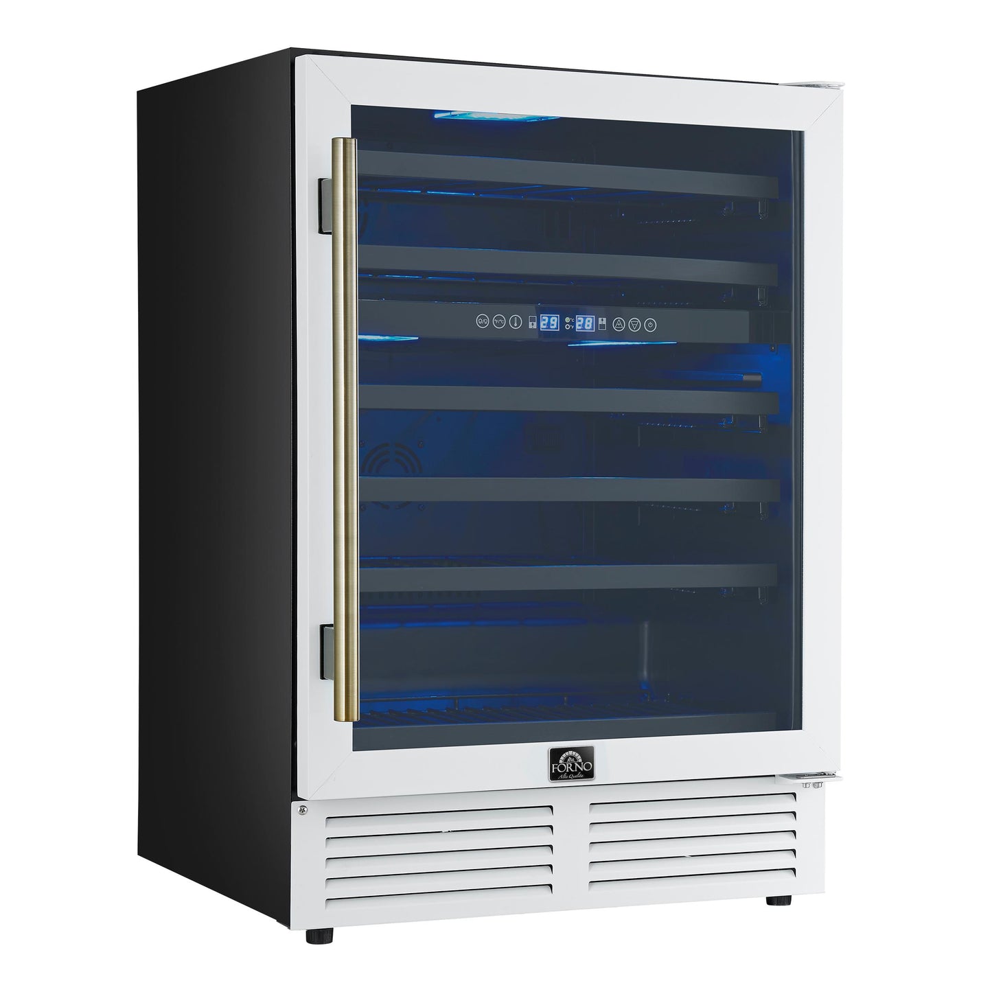 Forno FWCDR663424WHT Forno Bacchino 24 Inch Wine Cooler, White With Antique Brass Handles, With Led Lighting, Triple Glass Door, 51 Bottle Capacity, Built-In Or Freestanding