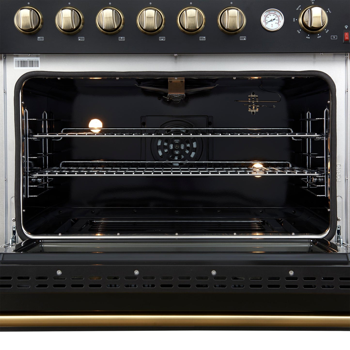Forno FFSGS627736BLK Marco 36-Inch Gas Range Black & Antique Brass Design, 6 Burners 67,000 Btu, 5.36 Cu.Ft. Convection Oven