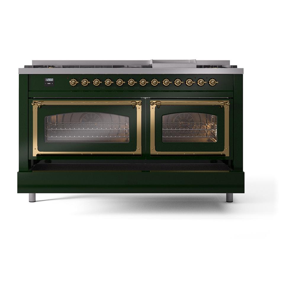 Ilve UN60FNMPEGG Ilve Un60Fnmpegg Nostalgie Ii Noblesse 60" Dual Fuel Range (9 Sealed Burners + Griddle, Natural Gas, Triple Glass Door, Emerald Green, Brass)