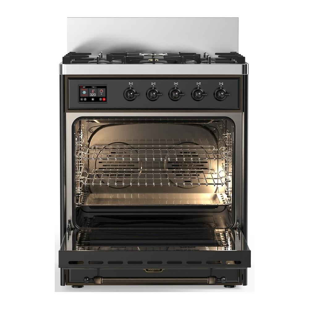 Ilve UM30QNR3MGBLP Ilve Um30Qnr3Mgblp Majestic Iii 30 Inch Dual Fuel Range With 5 Black Brass Burners, Dual Function Burner Up To 25,000 Btu (Liquid Propane, Solid Door, Graphite Matte, Burnished)