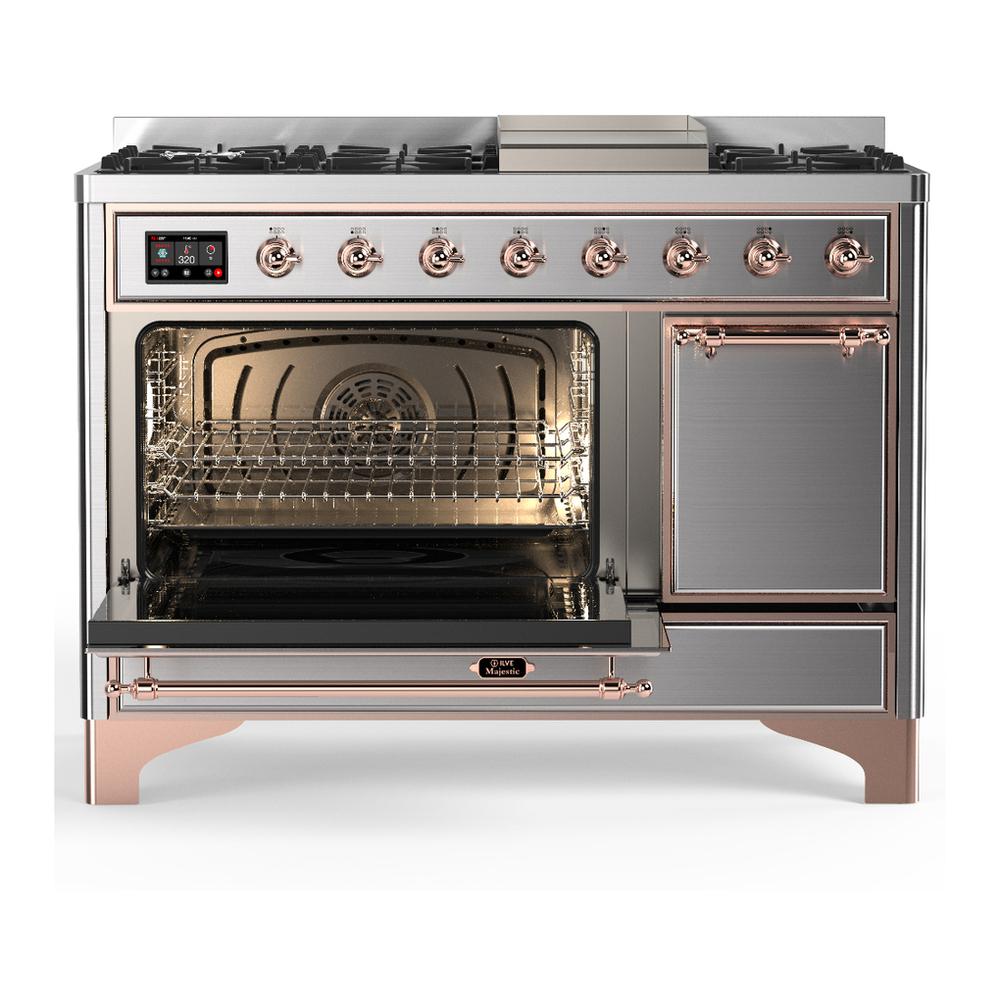Ilve UM48FQNR3SSPLP Ilve Um48Fqnr3Ssplp Majestic Iii 48 Inch Dual Fuel Range With 8 Burners And Griddle, Dual Function Burner Up To 25,000 Btu (Liquid Propane, Solid Door, Stainless Steel, Copper)