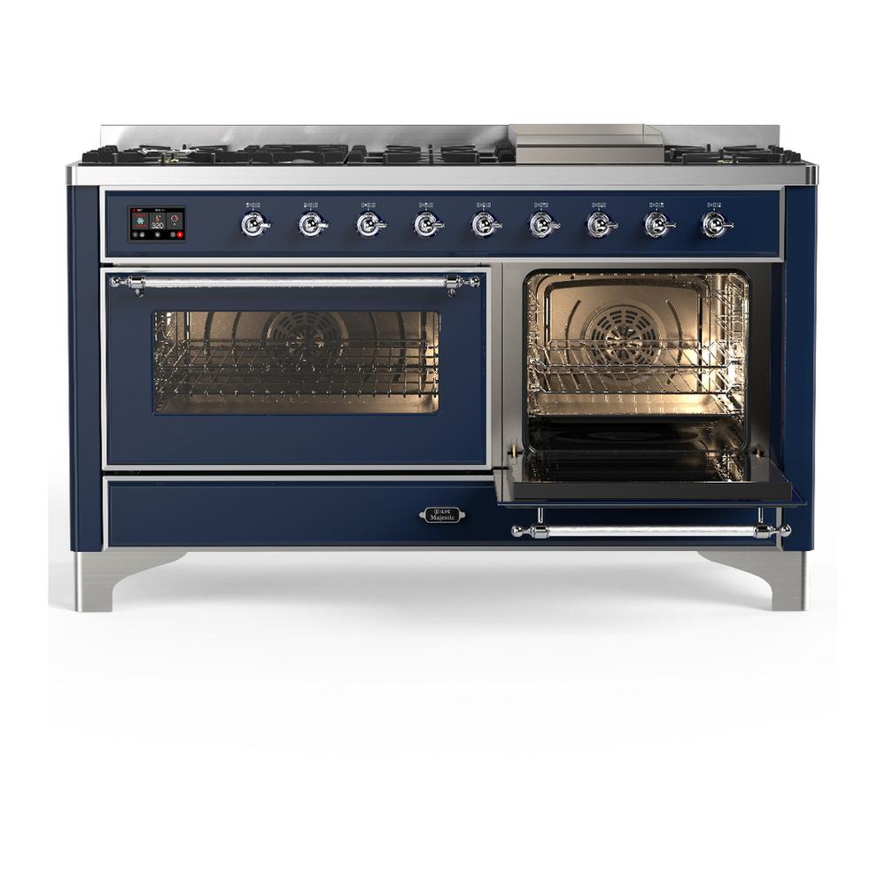 Ilve UM60FNR3MBC Ilve Um60Fnr3Mbc Majestic Iii 60 Inch Dual Fuel Range With 9 Burners And Griddle, Dual Function Burner Up To 25,000 Btu (Natural Gas, Triple Glass Door, Midnight Blue, Chrome)