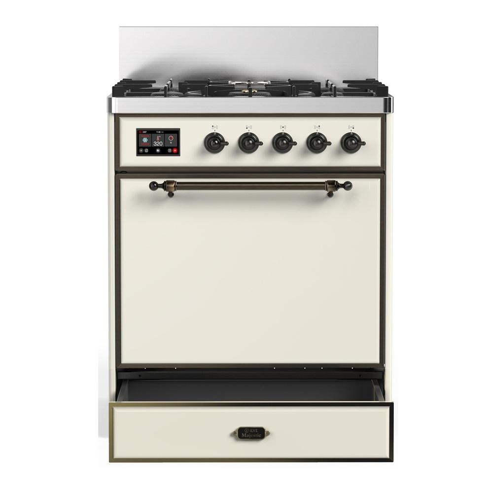 Ilve UM30QNR3AWBLP Ilve Um30Qnr3Awblp Majestic Iii 30 Inch Dual Fuel Range With 5 Black Brass Burners, Dual Function Burner Up To 25,000 Btu (Liquid Propane, Solid Door, Antique White, Burnished)