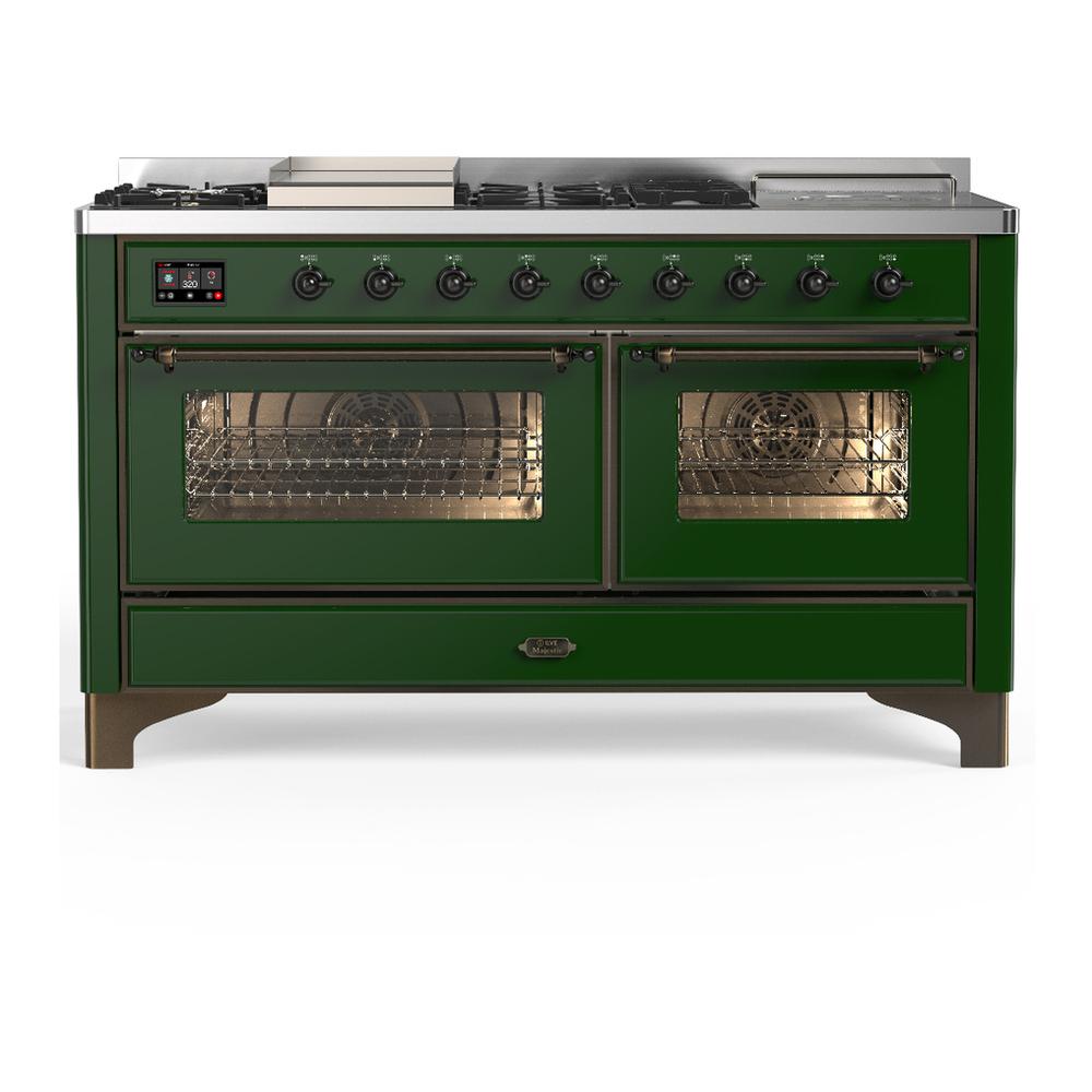 Ilve UM60FSNR3EGBLP Ilve Um60Fsnr3Egblp Majestic Iii 60 Inch Dual Fuel Range With 7 Burners, Griddle And French Top, Dual Function Burner With Up To 25,000 Btu (Liquid Propane, Triple Glass Door, Emerald Green, Burnished)