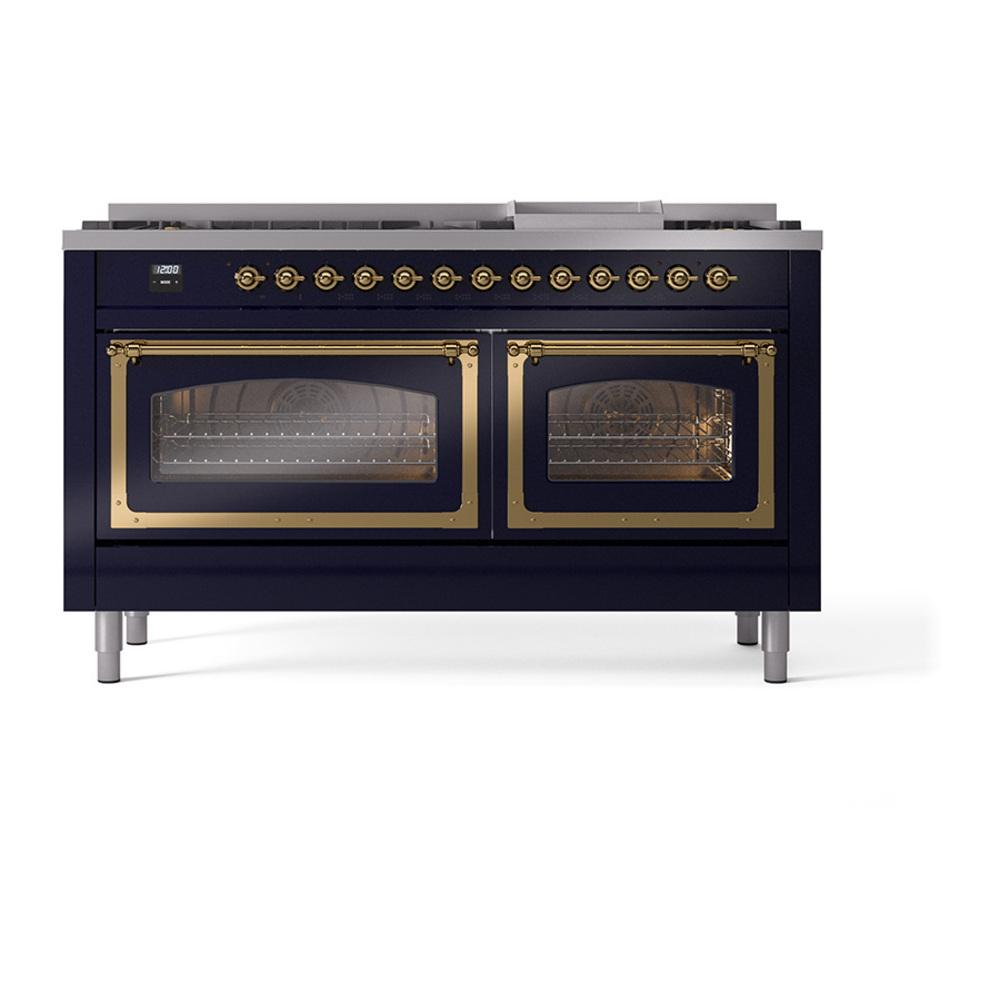 Ilve UN60FNMPMBG Ilve Un60Fnmpmbg Nostalgie Ii Noblesse 60" Dual Fuel Range (9 Sealed Burners + Griddle, Natural Gas, Triple Glass Door, Midnight Blue, Brass)