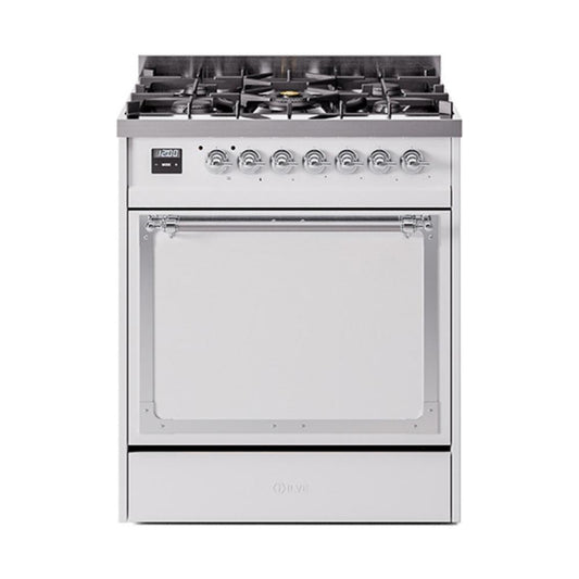 Ilve UN30QNMPWHCLP Ilve Un30Qnmpwhclp Nostalgie Ii Noblesse 30" Dual Fuel Range (Liquid Propane, Solid Door, White, Chrome)