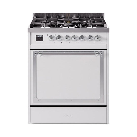 Ilve UN30QNMPWHCLP Ilve Un30Qnmpwhclp Nostalgie Ii Noblesse 30" Dual Fuel Range (Liquid Propane, Solid Door, White, Chrome)