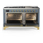 Ilve UM60FQNR3BGG Ilve Um60Fqnr3Bgg Majestic Iii 60 Inch Dual Fuel Range With 9 Burners And Griddle, Dual Function Burner Up To 25,000 Btu (Natural Gas, Solid Door, Blue Grey, Brass)