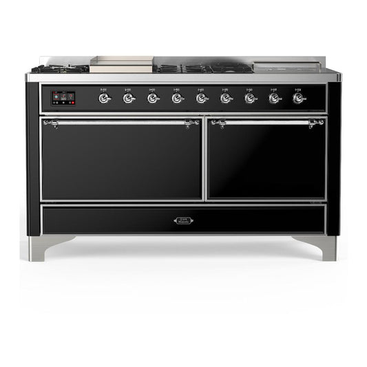 Ilve UM60FSQNR3BKC Ilve Um60Fsqnr3Bkc Majestic Iii 60 Inch Dual Fuel Range With 7 Burners, Griddle And French Top, Dual Function Burner With Up To 25,000 Btu (Natural Gas, Solid Door, Glossy Black, Chrome)