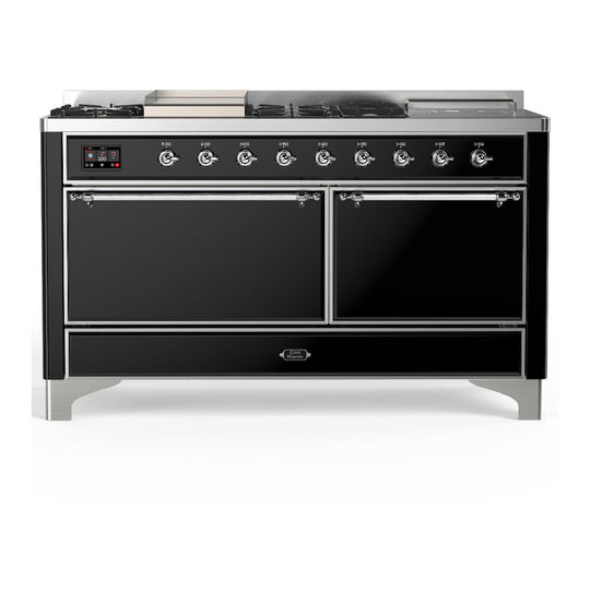 Ilve UM60FSQNR3BKC Ilve Um60Fsqnr3Bkc Majestic Iii 60 Inch Dual Fuel Range With 7 Burners, Griddle And French Top, Dual Function Burner With Up To 25,000 Btu (Natural Gas, Solid Door, Glossy Black, Chrome)