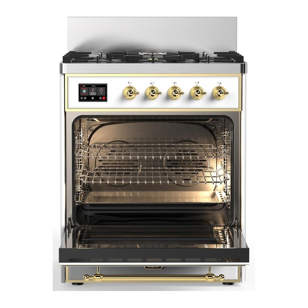 Ilve UM30QNR3WHGLP Ilve Um30Qnr3Whglp Majestic Iii 30 Inch Dual Fuel Range With 5 Black Brass Burners, Dual Function Burner Up To 25,000 Btu (Liquid Propane, Solid Door, White, Brass)