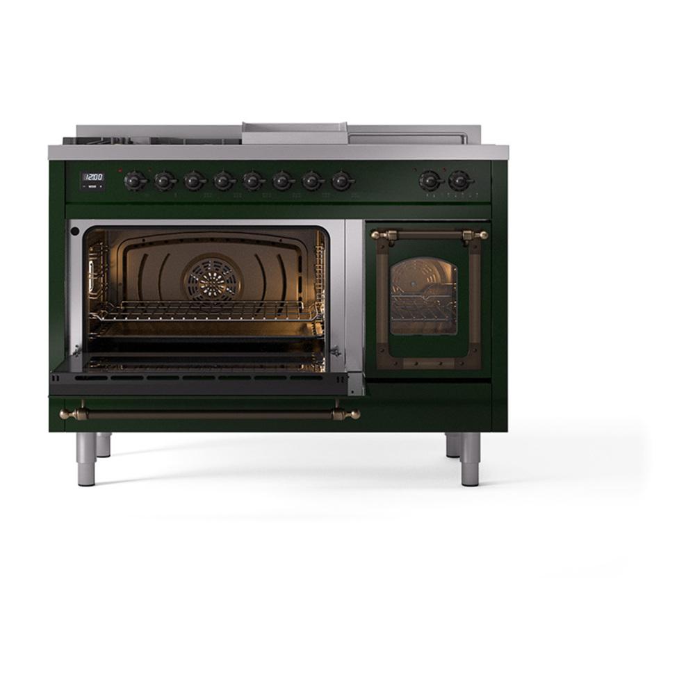 Ilve UN48FSNMPEGB Ilve Un48Fsnmpegb Nostalgie Ii Noblesse 48" Dual Fuel Range (5 Sealed Burners + Griddle + French Top, Natural Gas, Triple Glass Door, Emerald Green, Burnished)