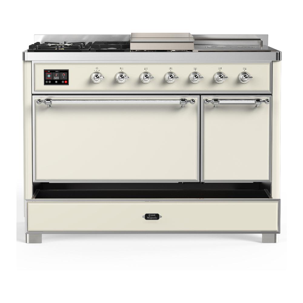 Ilve UM48FSQNR3AWC Ilve Um48Fsqnr3Awc Majestic Iii 48 Inch Dual Fuel Range With 5 Black Brass Burners, Griddle And French Top, Dual Function Burner Up To 25,000 Btu (Natural Gas, Solid Door, Antique White, Chrome)