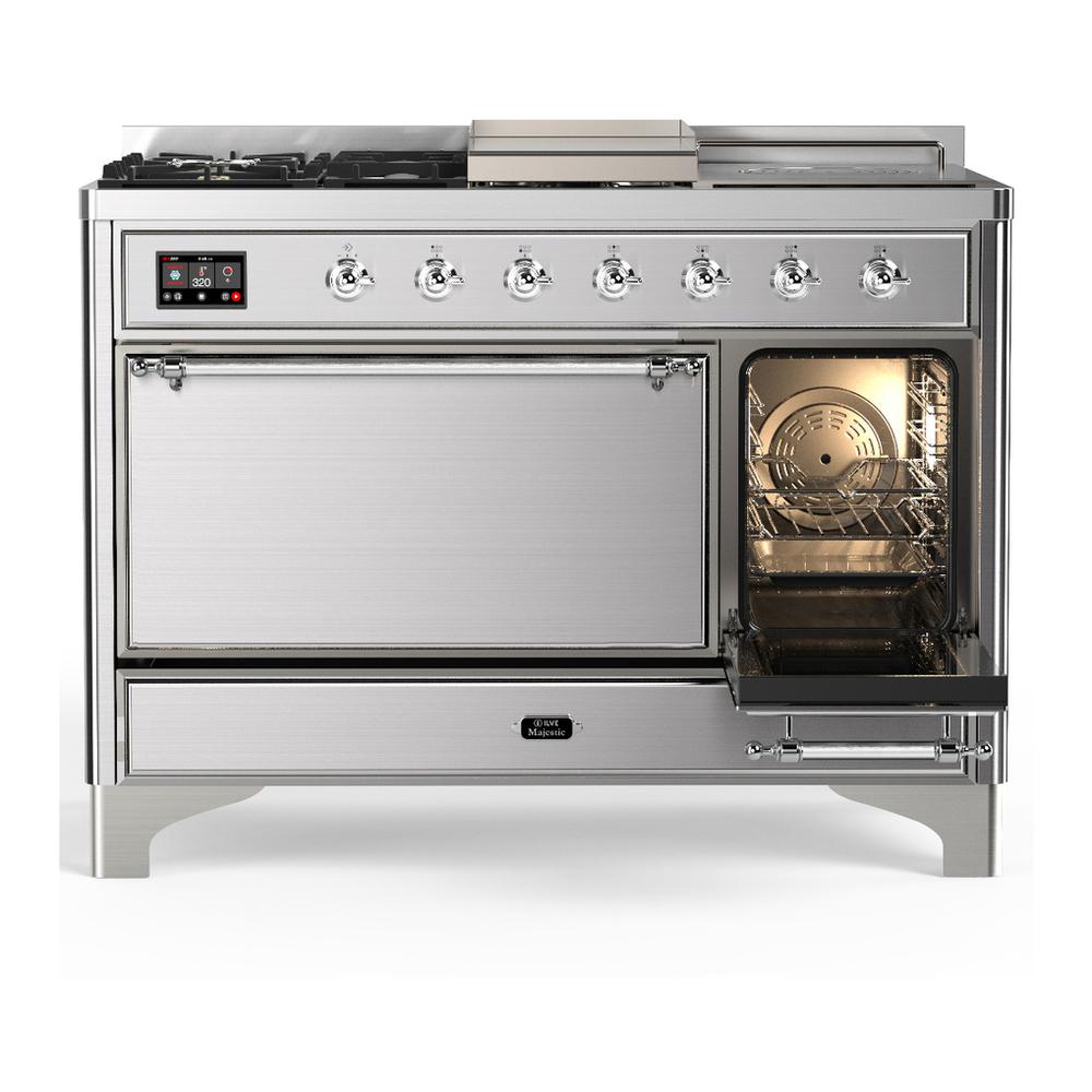 Ilve UM48FSQNR3SSCLP Ilve Um48Fsqnr3Ssclp Majestic Iii 48 Inch Dual Fuel Range With 5 Black Brass Burners, Griddle And French Top, Dual Function Burner Up To 25,000 Btu (Liquid Propane, Solid Door, Stainless Steel, Chrome)