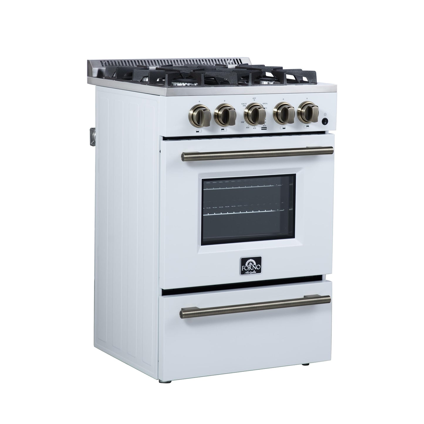 Forno FFSGS627224WHT Forno Breno 24 Inch Freestanding Gas Range In White With Antique Brass, Compact Design