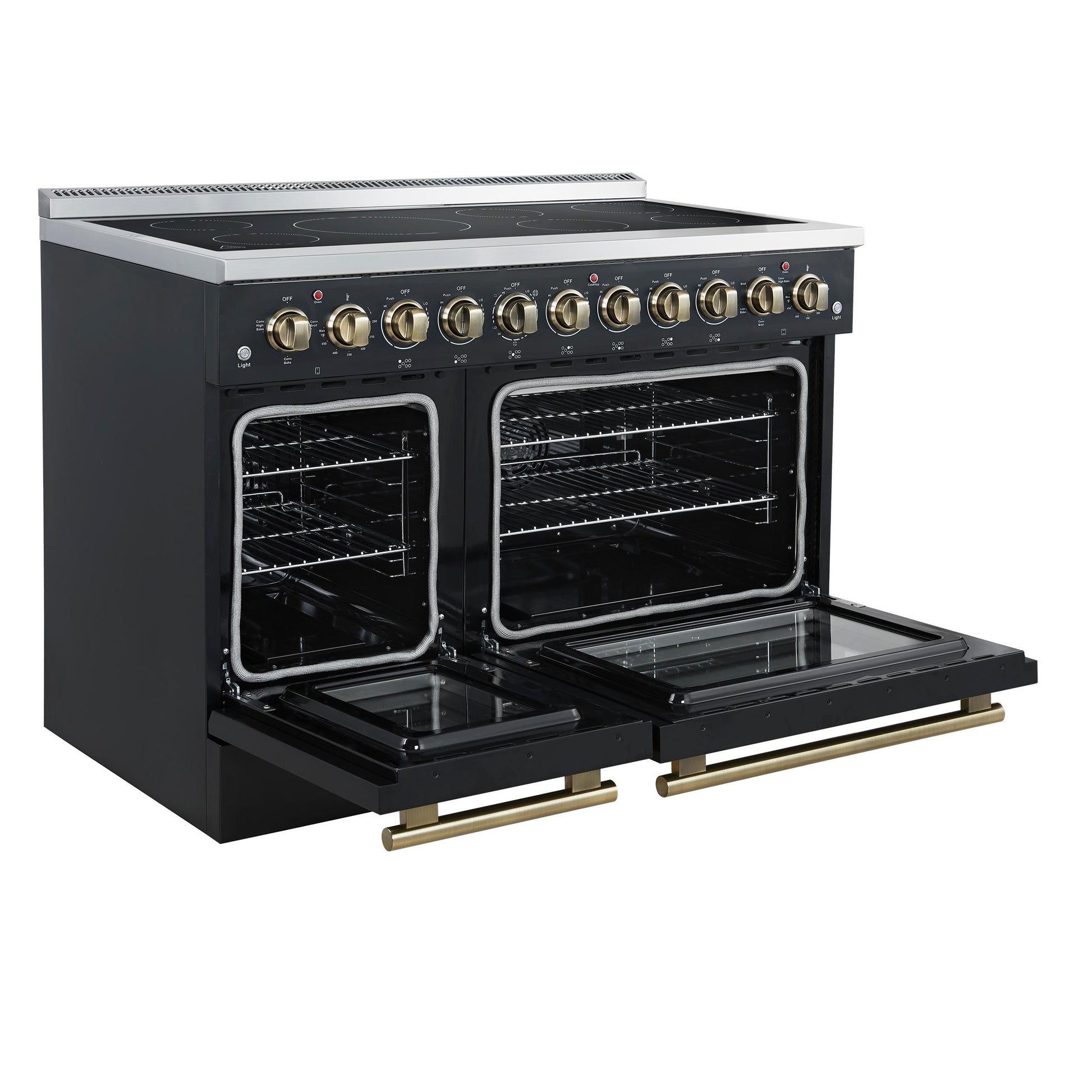 Forno FFSEL601148BLK Forno Paolo 48 Inch Freestanding Electric Range In Black With Antique Brass, 6.7 Cu.Ft, True Convection Oven, Energy Efficient