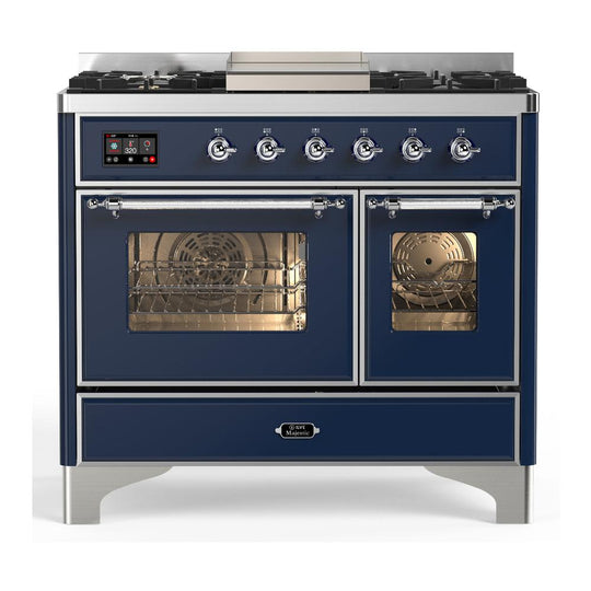 Ilve UMD40FNR3MBCLP Ilve Umd40Fnr3Mbclp Majestic Iii 40 Inch Dual Fuel Range With 6 Burners And Griddle, Dual Function Burner Up To 25,000 Btu (Liquid Propane, Triple Glass Door, Midnight Blue, Chrome)