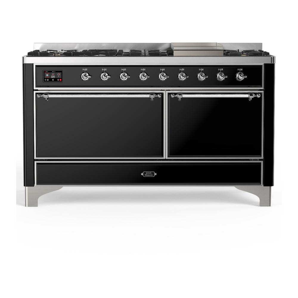 Ilve UM60FQNR3BKCLP Ilve Um60Fqnr3Bkclp Majestic Iii 60 Inch Dual Fuel Range With 9 Burners And Griddle, Dual Function Burner Up To 25,000 Btu (Liquid Propane, Solid Door, Glossy Black, Chrome)