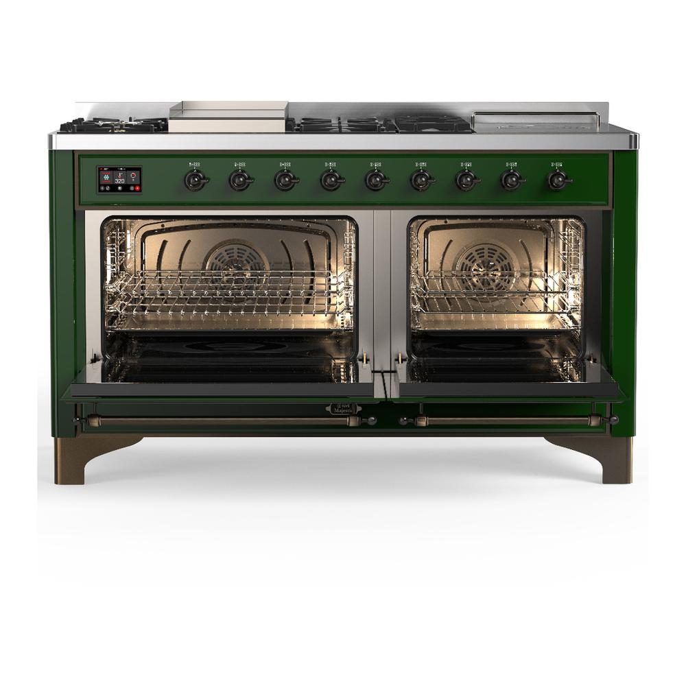 Ilve UM60FSQNR3EGB Ilve Um60Fsqnr3Egb Majestic Iii 60 Inch Dual Fuel Range With 7 Burners, Griddle And French Top, Dual Function Burner With Up To 25,000 Btu (Natural Gas, Solid Door, Emerald Green, Burnished)