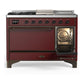Ilve UM48FSQNR3BUB Ilve Um48Fsqnr3Bub Majestic Iii 48 Inch Dual Fuel Range With 5 Black Brass Burners, Griddle And French Top, Dual Function Burner Up To 25,000 Btu (Natural Gas, Solid Door, Burgundy, Burnished)