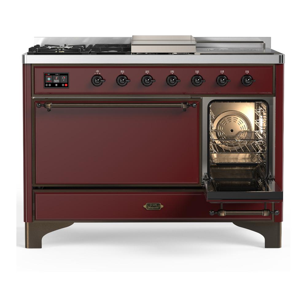 Ilve UM48FSQNR3BUB Ilve Um48Fsqnr3Bub Majestic Iii 48 Inch Dual Fuel Range With 5 Black Brass Burners, Griddle And French Top, Dual Function Burner Up To 25,000 Btu (Natural Gas, Solid Door, Burgundy, Burnished)