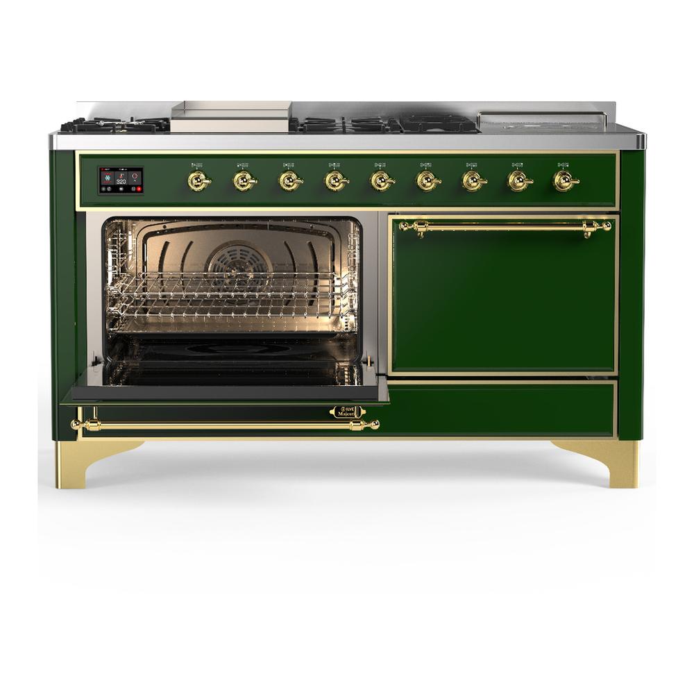 Ilve UM60FSQNR3EGG Ilve Um60Fsqnr3Egg Majestic Iii 60 Inch Dual Fuel Range With 7 Burners, Griddle And French Top, Dual Function Burner With Up To 25,000 Btu (Natural Gas, Solid Door, Emerald Green, Brass)