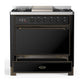 Ilve UM36FQNR3BKB Ilve Um36Fqnr3Bkb Majestic Iii 36 Inch Dual Fuel Range With 6 Black Brass Burners And Griddle, Dual Function Burner Up To 25,000 Btu (Solid Door, Glossy Black, Burnished, Natural Gas)