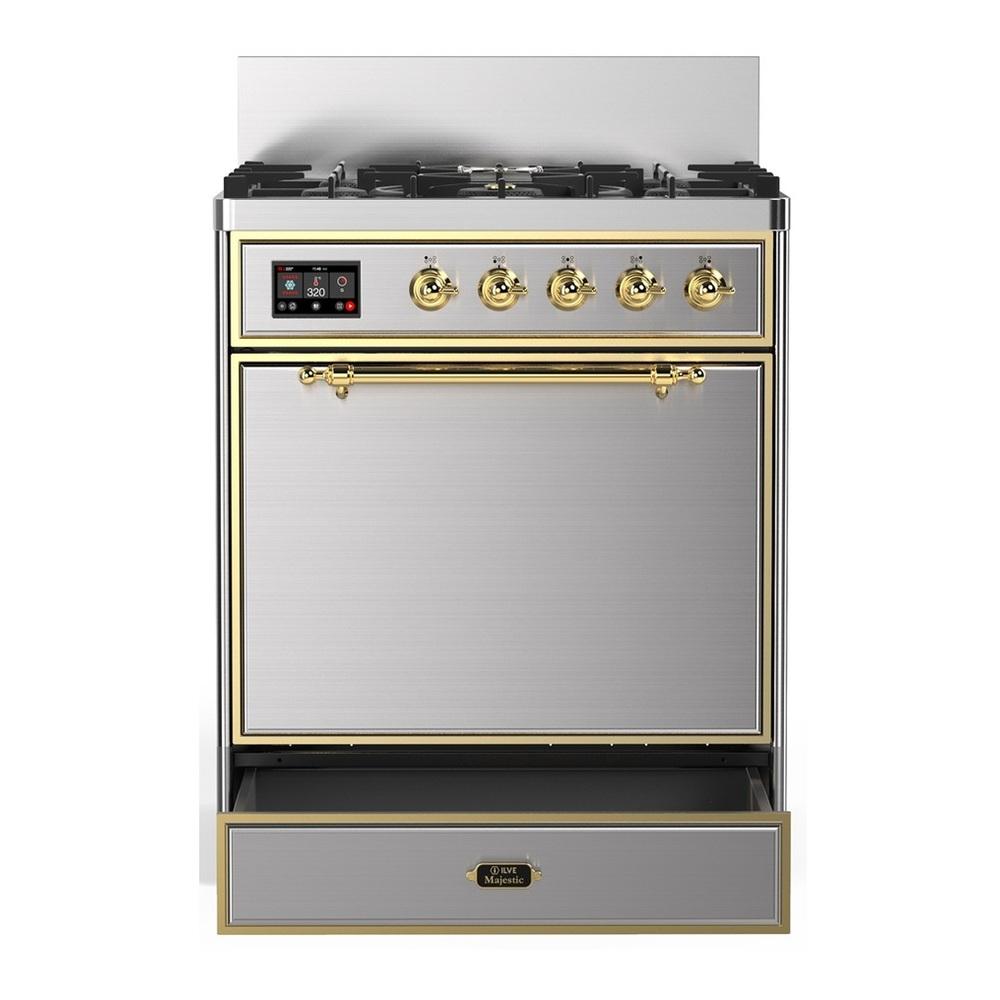 Ilve UM30QNR3SSG Ilve Um30Qnr3Ssg Majestic Iii 30 Inch Dual Fuel Range With 5 Black Brass Burners, Dual Function Burner Up To 25,000 Btu (Natural Gas, Solid Door, Stainless Steel, Brass)