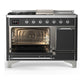 Ilve UM48FSQNR3MGCLP Ilve Um48Fsqnr3Mgclp Majestic Iii 48 Inch Dual Fuel Range With 5 Black Brass Burners, Griddle And French Top, Dual Function Burner Up To 25,000 Btu (Liquid Propane, Solid Door, Graphite Matte, Chrome)
