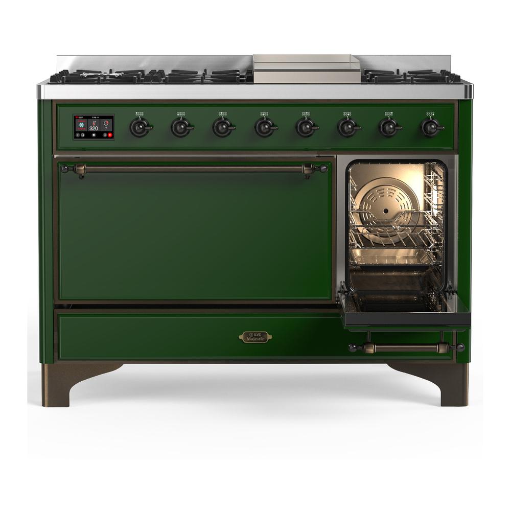Ilve UM48FQNR3EGBLP Ilve Um48Fqnr3Egblp Majestic Iii 48 Inch Dual Fuel Range With 8 Burners And Griddle, Dual Function Burner Up To 25,000 Btu (Liquid Propane, Solid Door, Emerald Green, Burnished)