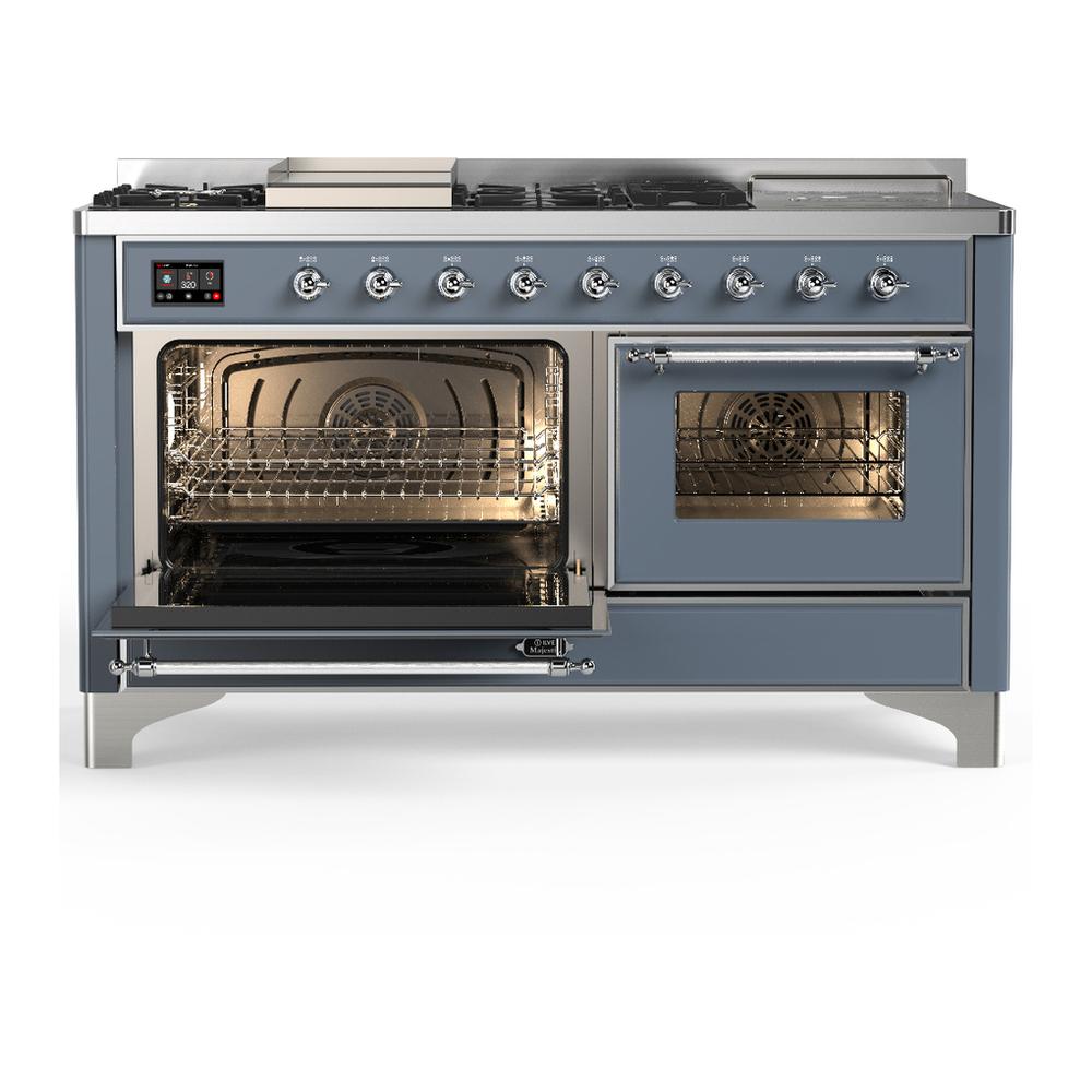 Ilve UM60FSNR3BGCLP Ilve Um60Fsnr3Bgclp Majestic Iii 60 Inch Dual Fuel Range With 7 Burners, Griddle And French Top, Dual Function Burner With Up To 25,000 Btu (Liquid Propane, Triple Glass Door, Blue Grey, Chrome)