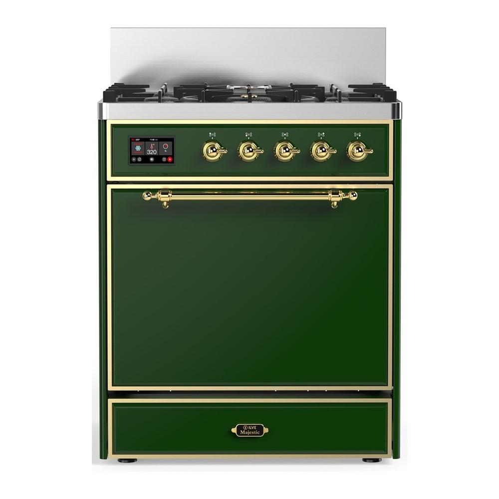 Ilve UM30QNR3EGG Ilve Um30Qnr3Egg Majestic Iii 30 Inch Dual Fuel Range With 5 Black Brass Burners, Dual Function Burner Up To 25,000 Btu (Natural Gas, Solid Door, Emerald Green, Brass)