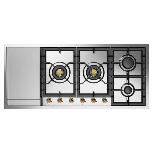 Ilve UHCPT125FNSSG Ilve Uhcpt125Fnssg Nostalgie Ii 48 Inch Built-In Gas Cooktop With Total Black Brass Burners, In Stainless Steel (6 Sealed Burners + Left Griddle, Natural Gas)