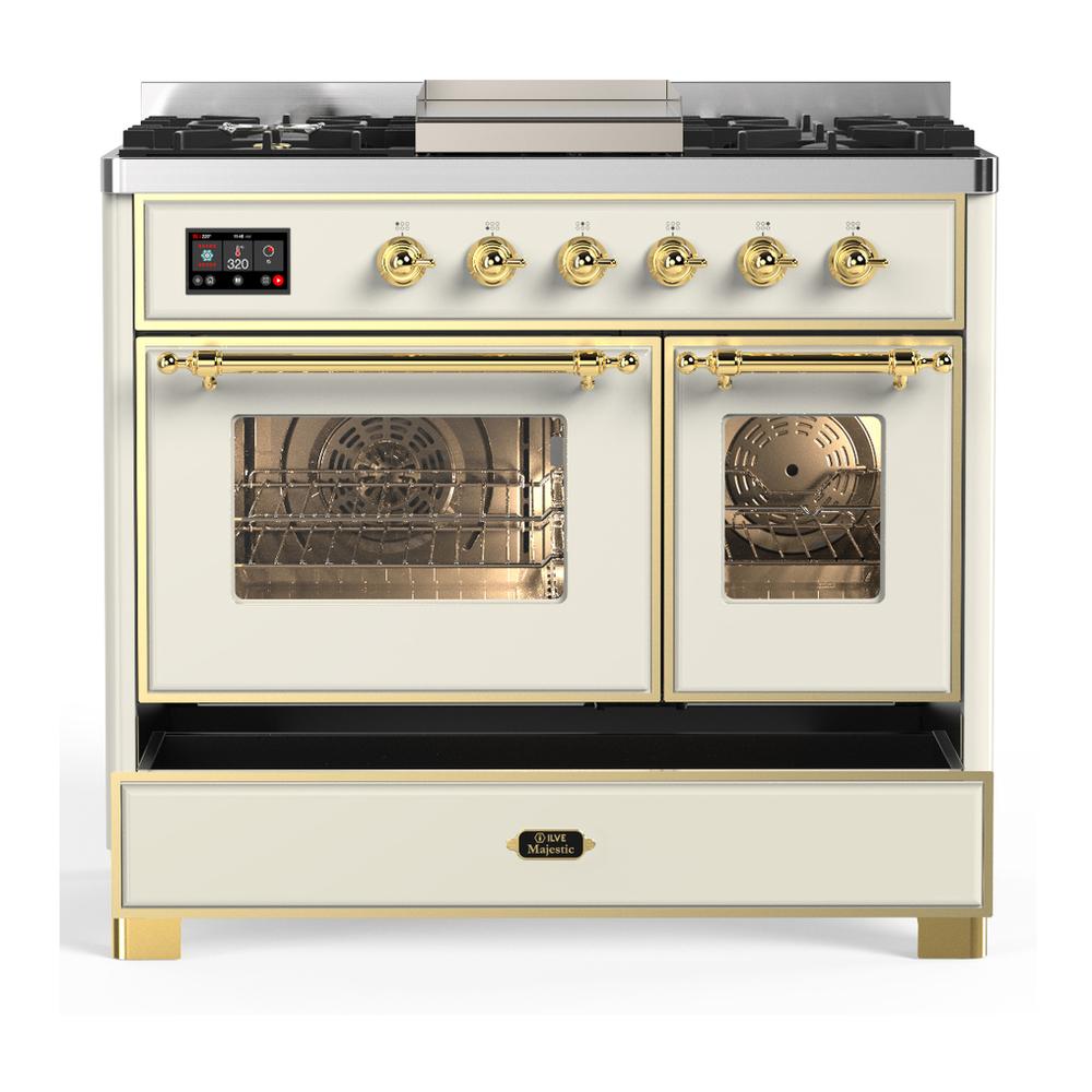 Ilve UMD40FNR3AWG Ilve Umd40Fnr3Awg Majestic Iii 40 Inch Dual Fuel Range With 6 Burners And Griddle, Dual Function Burner Up To 25,000 Btu (Natural Gas, Triple Glass Door, Antique White, Brass)