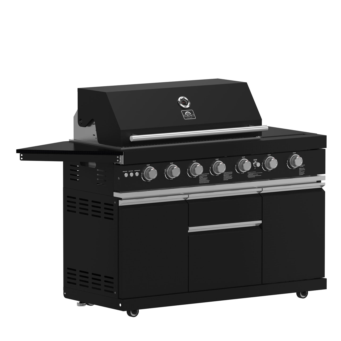 Forno FODKT2551BLK Forno All Aperto 87,600 Btu Outdoor Kitchen, 4 Burners, Infrared Burners, Side Burner, Black Sintered Stone Countertops, Gas Pizza Oven, Sink Module, Bar & Beverage Center